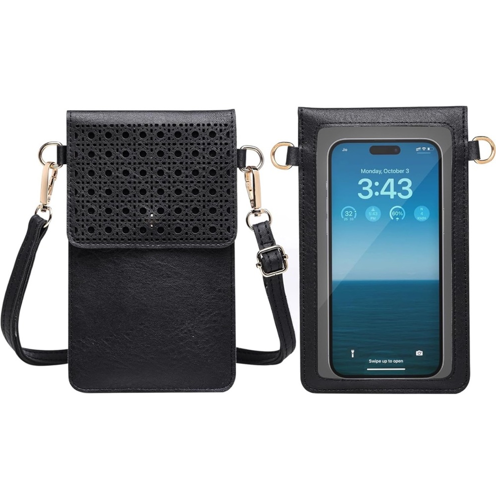 AnsTOP Crossbody Cell Phone Leather Wallet Purse Black with Adjustable 27” Strap